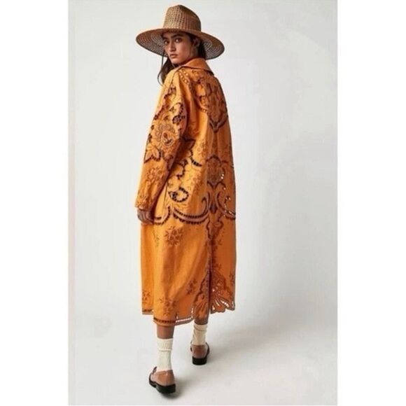 NWOT $228 Free People Susanna Embroidered Duster Yellow Linen Boho Western sz S - Picture 4 of 15